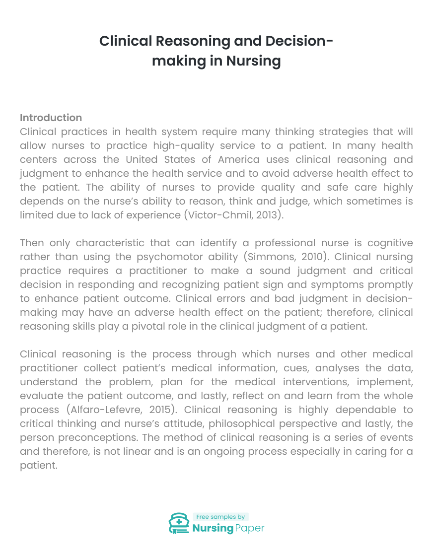 clinical reasoning and decision making in nursing essay